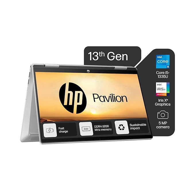 HP Pavilion x360, 13th Gen Intel Core i5-1335U,16GB DDR4, 512GB SSD, (Win11,Office 21, Silver,1.51kg), Touchscreen, 14-inch(35.6cm), FHD Laptop, Iris Xe, FPR, 5MP Camera, Backlit KB, Pen, ek1074TU Visit the HP Store